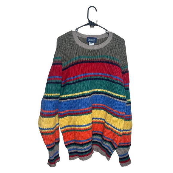 Lands' End Vintage Men's Wool Sweater - 100% Wool Multicolor Striped Large - Picture 2 of 4
